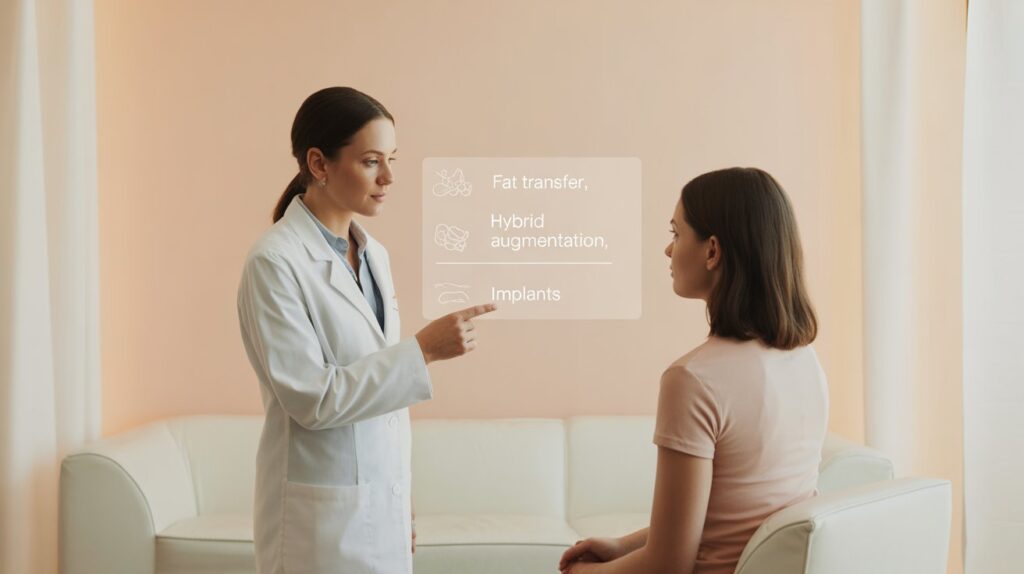 Doctor using a digital tablet to explain breast augmentation surgery and implant options during consultation.