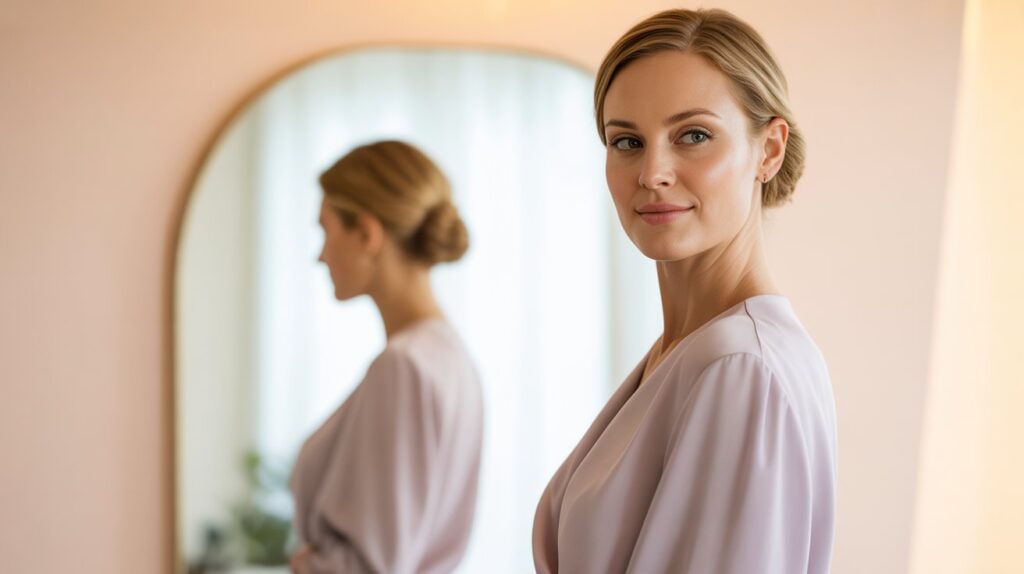 A confident woman smiling softly after a breast augmentation procedure, symbolizing natural enhancement and self-assurance.