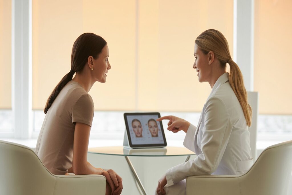 A cosmetic surgeon consulting a female patient about different breast augmentation options, including fat transfer and hybrid implant procedures.
