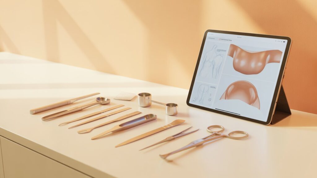 Three labeled breast implant samples displayed on a neutral #fcf0e8 background showing texture and form differences.