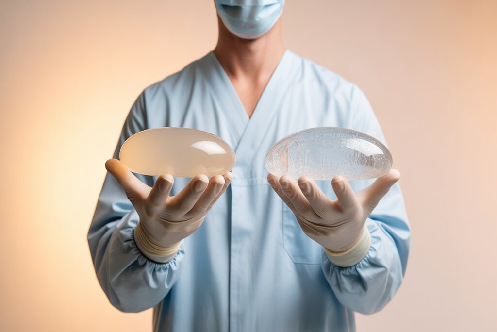 Cosmetic surgeon holding two breast implant samples to explain silicone vs saline options in a modern Ahmedabad clinic.