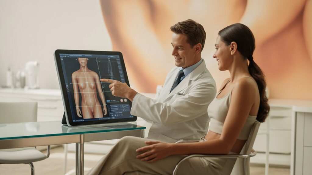 Cosmetic surgeon explaining implant sizing chart and measurements to a female patient in a calm, comfortable clinic environment.