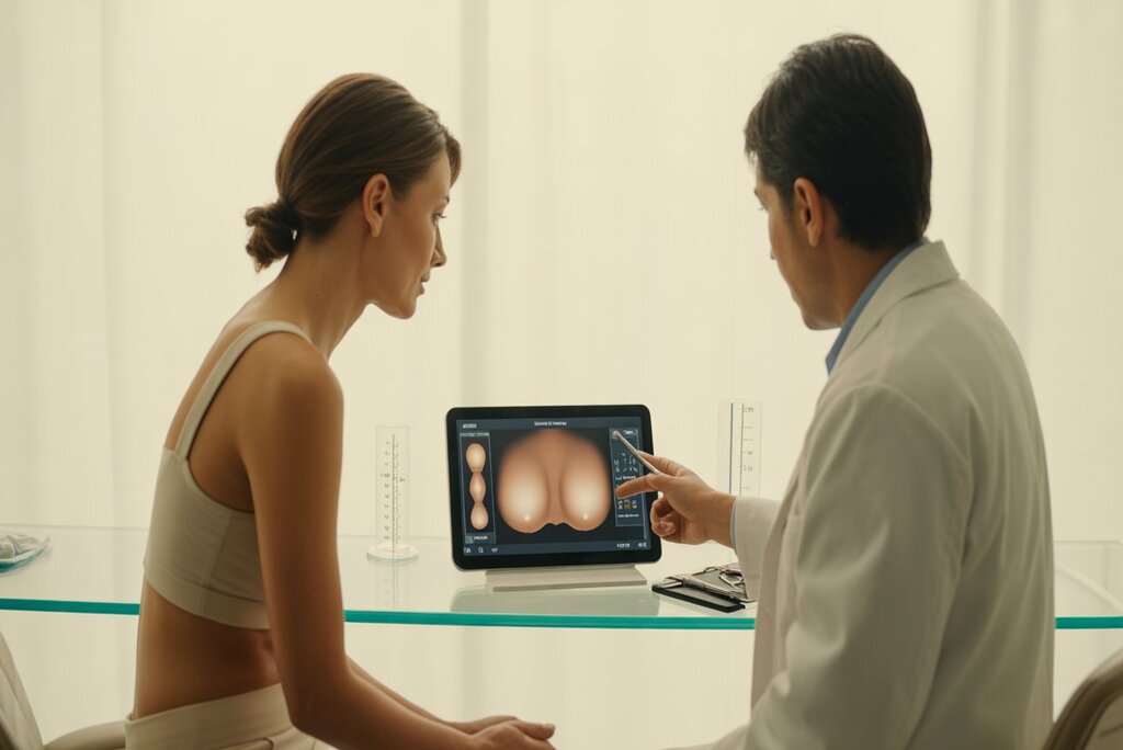 Cosmetic surgeon consulting a female patient about breast implant size selection in a modern clinic setting.