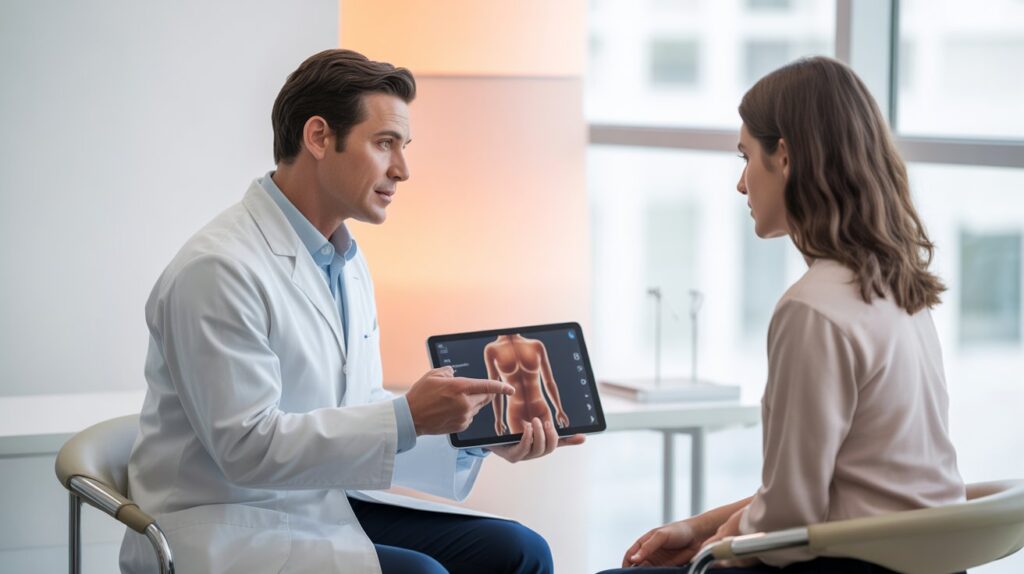 Doctor showing a 3D breast implant simulation on a tablet to a patient during a consultation session in Ahmedabad.