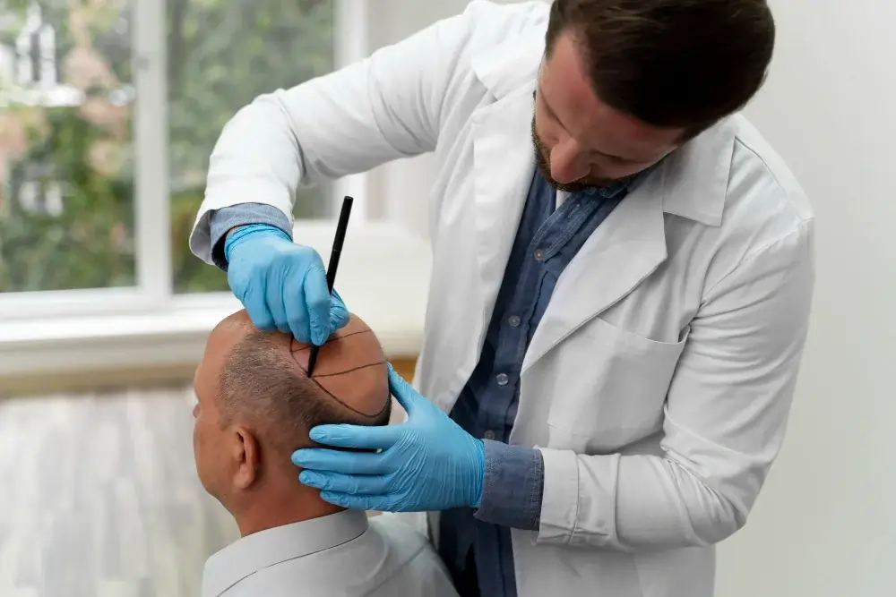 Doctor performing a hair restoration procedure on a patient in a sterile clinic.
