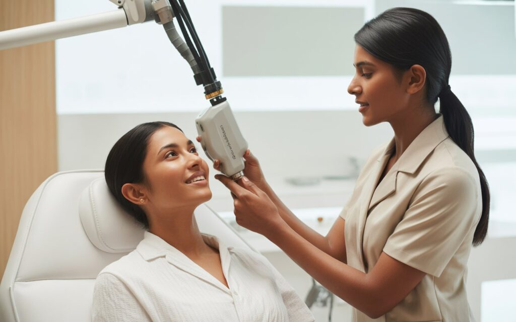 Doctor performing laser facial rejuvenation treatment at Morph Aesthetic Clinic Ahmedabad