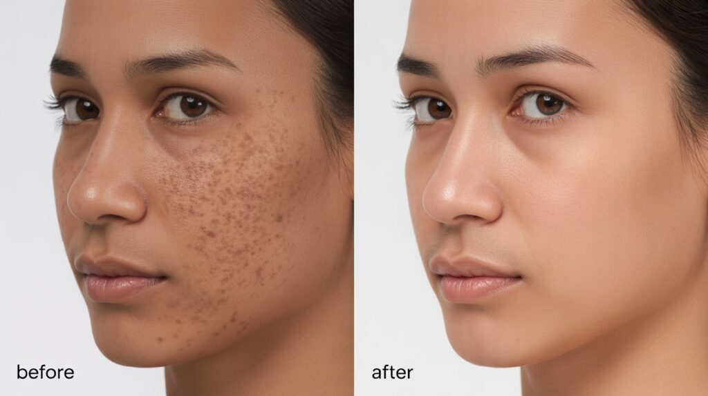 Before and after photos showing pigmentation reduction results at Morph Aesthetic.